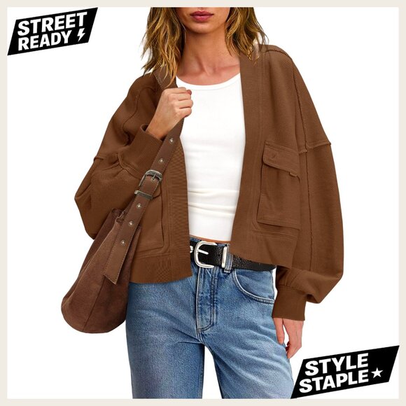 Oversized Cropped Cardigan Open Front Batwing Sleeves Soft Blend Sweater